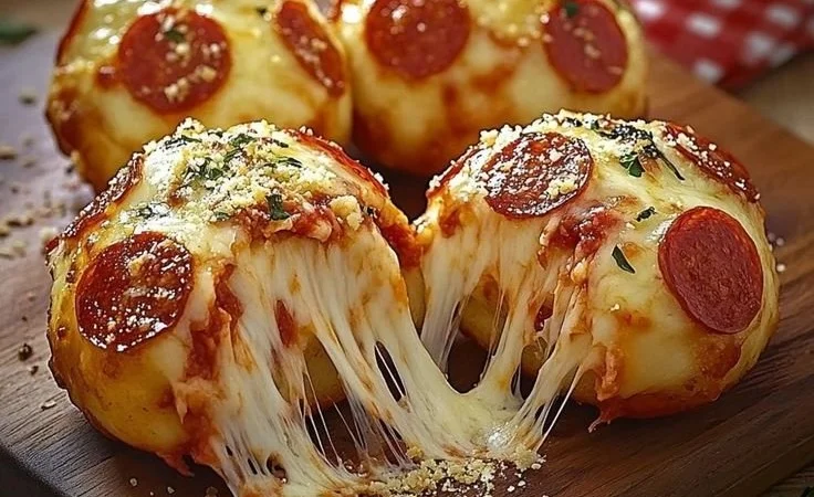 30-minute pepperoni pizza bombs served on a plate, cheesy and delicious.