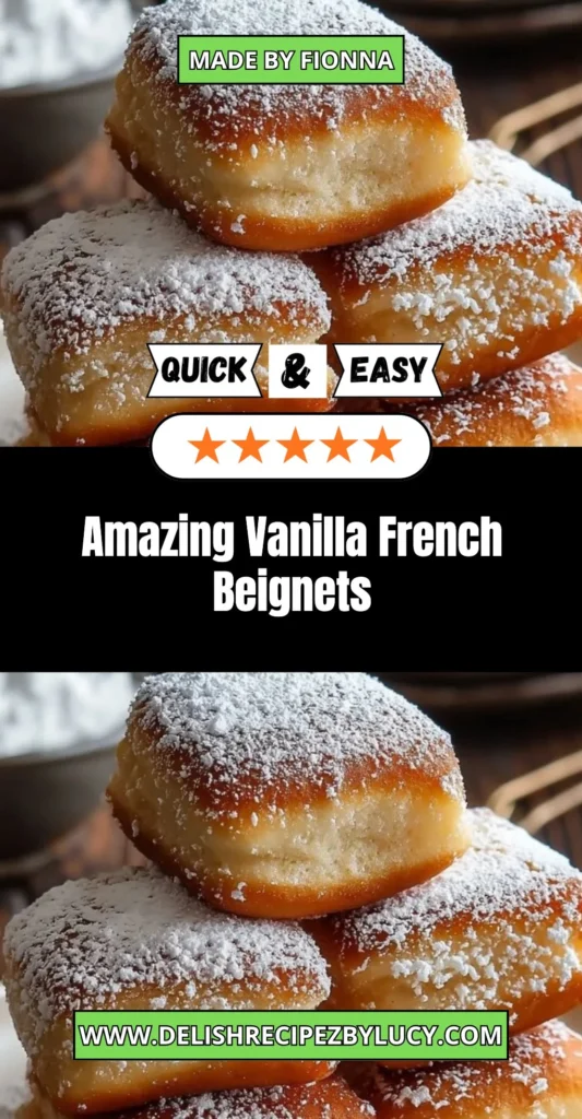 Delicious vanilla beignets dusted with powdered sugar on a plate