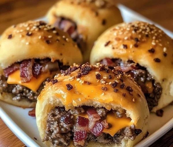 Delicious Bacon Cheeseburger Bombs served on a plate with dipping sauce.
