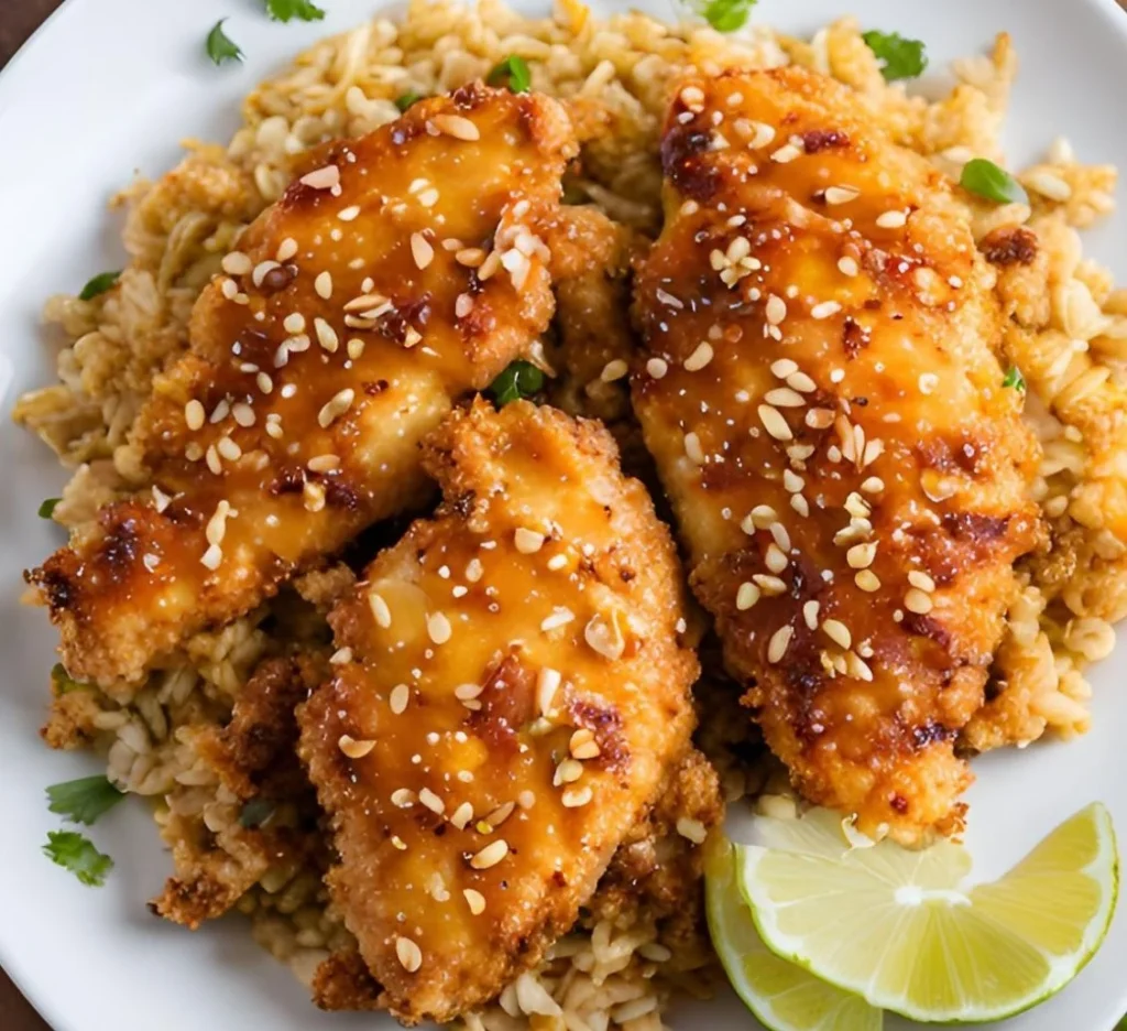 Baked Crunchy Hot Honey Chicken drizzled with spicy honey glaze