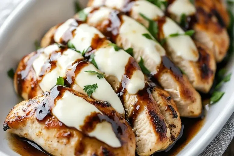Balsamic baked chicken breast with melted mozzarella cheese on top, served on a plate.