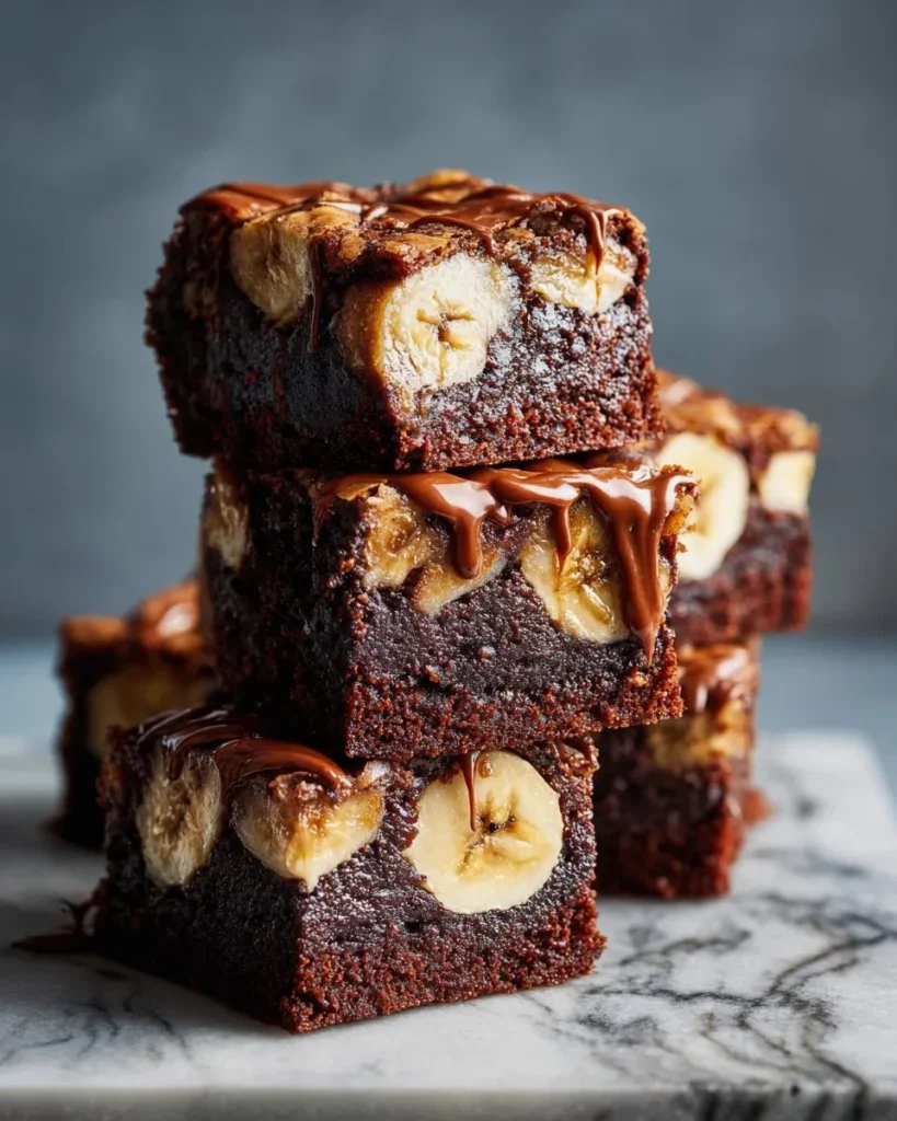 Delicious banana bread brownies garnished with chocolate and nuts