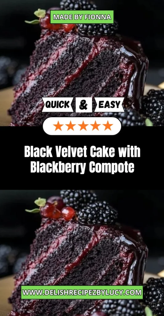 Slice of Black Velvet Cake topped with blackberry compote on a plate