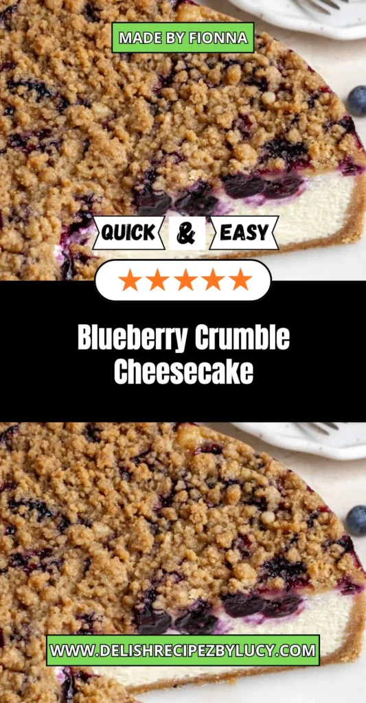 Slice of blueberry crumble cheesecake with fresh blueberries on top