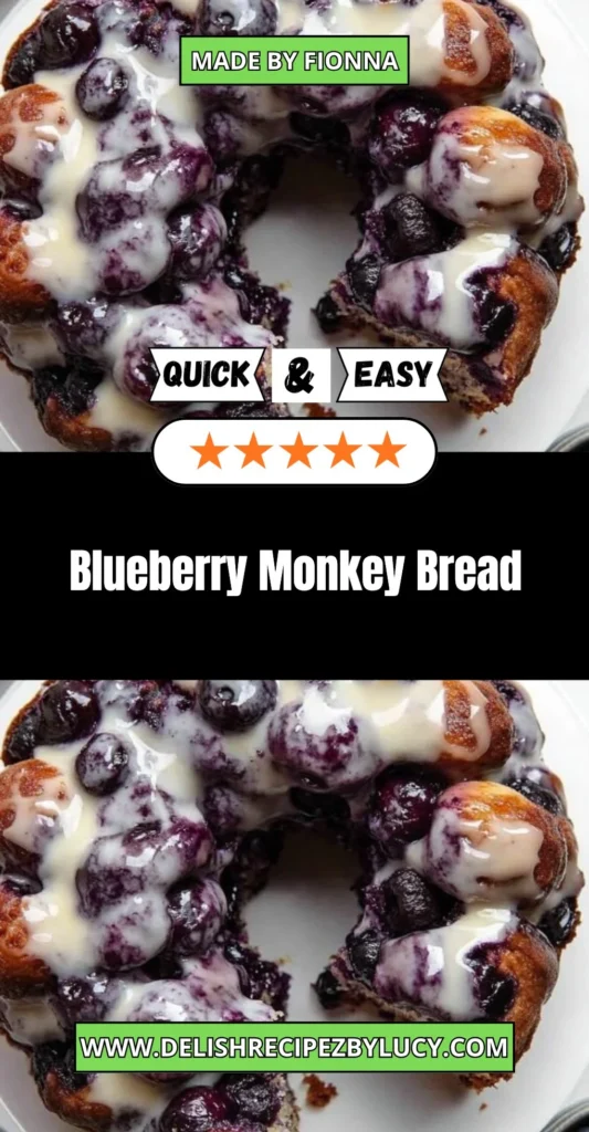 Freshly baked blueberry monkey bread topped with glaze and blueberries