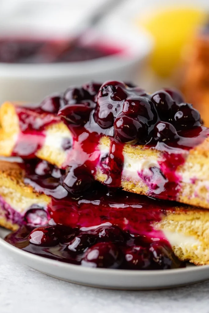Delicious blueberry stuffed French toast served on a plate.