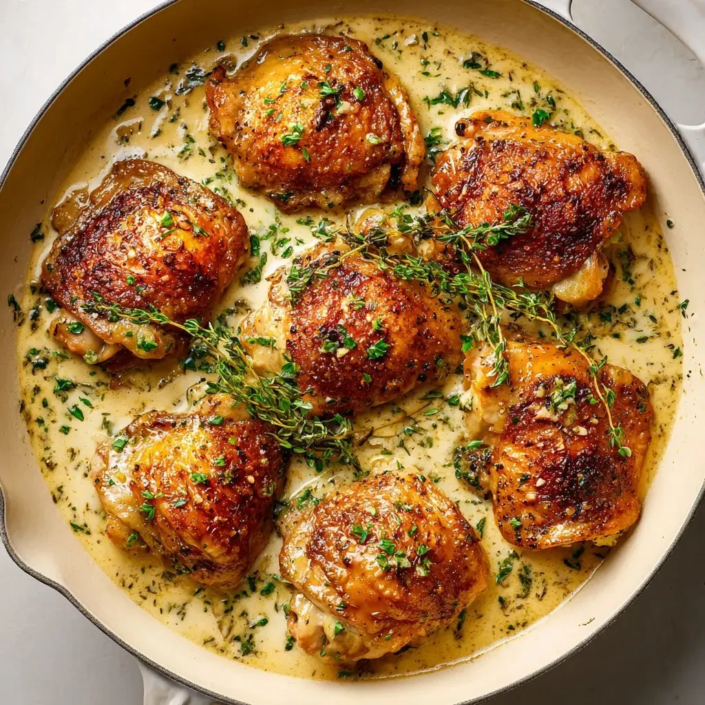 Bobby Flay's skillet chicken thighs with creamy garlic sauce on a plate
