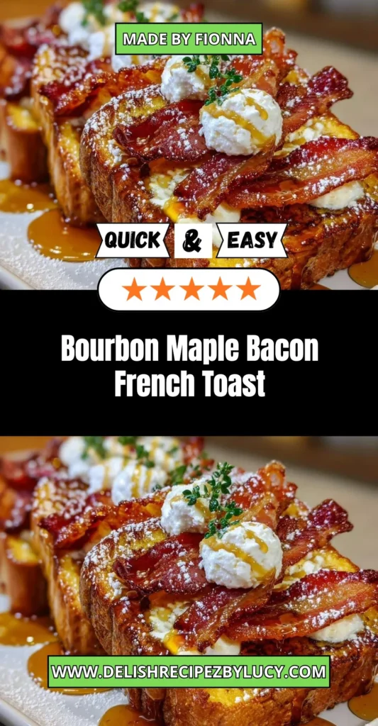 Delicious Bourbon Maple Bacon French Toast topped with maple syrup and crispy bacon.