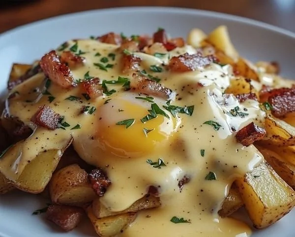 Delicious breakfast poutine served with rich hollandaise sauce.