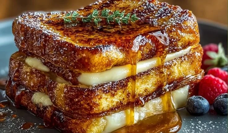 Delicious Brûlée Crème French Toast topped with fresh berries and syrup