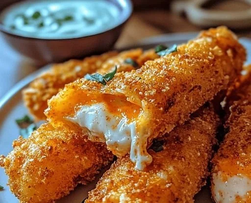 Buffalo Chicken Mozzarella Sticks served on a platter with dipping sauce.