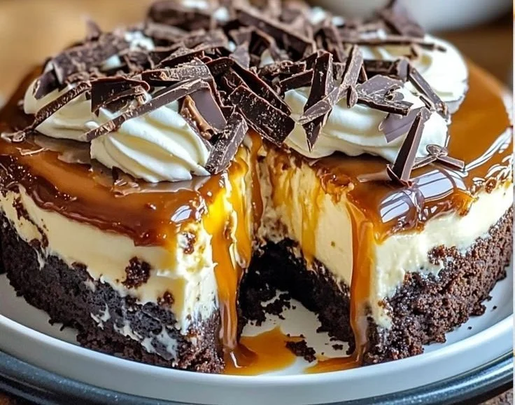 Delicious caramel brownie cheesecake topped with caramel drizzle