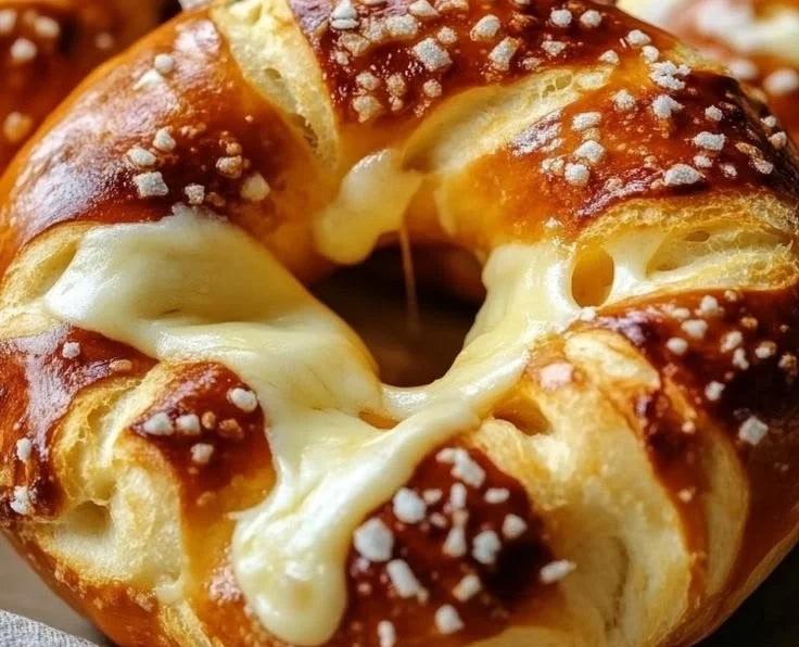Warm cheese stuffed pretzel with gooey cheese filling