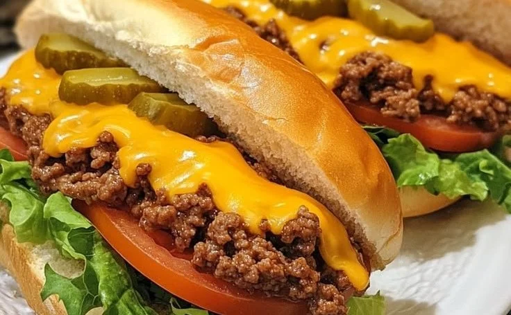 Delicious cheeseburger subs with beef, cheese, and toppings ready to eat
