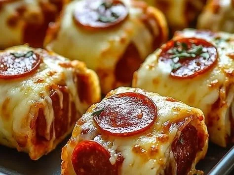 Cheesy pepperoni pizza roll-ups on a plate, perfect for a quick snack.