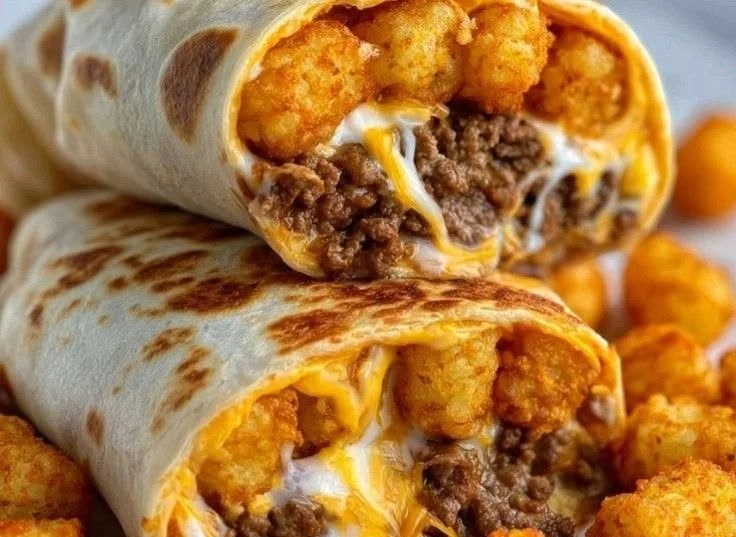 Cheesy potato burritos with crispy tater tots served on a plate