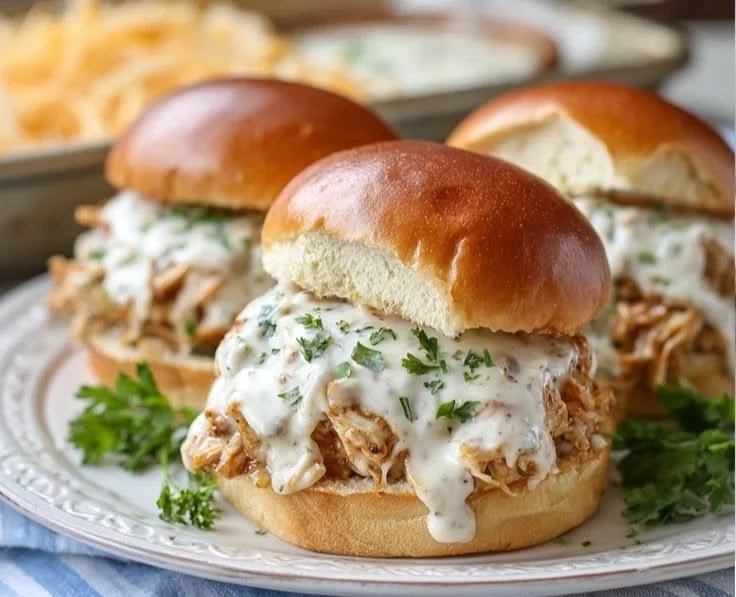 Chicken Alfredo Sloppy Joes served on a plate with garnishes