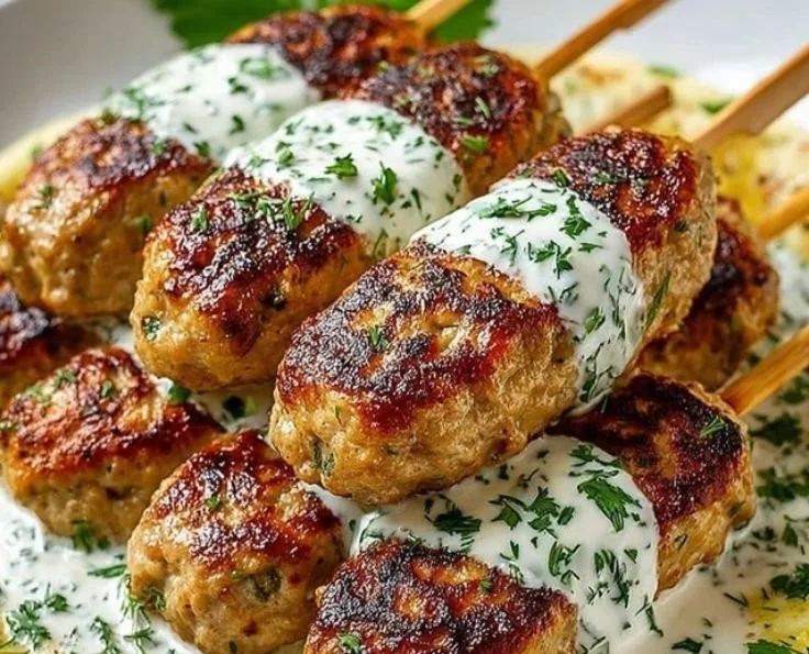 Plate of Chicken Kofta drizzled with Garlic Yogurt Sauce