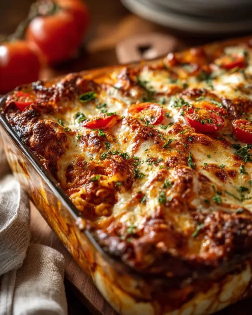 Delicious Chicken Parmesan Casserole served with melted cheese on top.