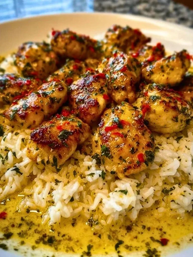 Plate of Chicken Scampi served with creamy garlic parmesan rice