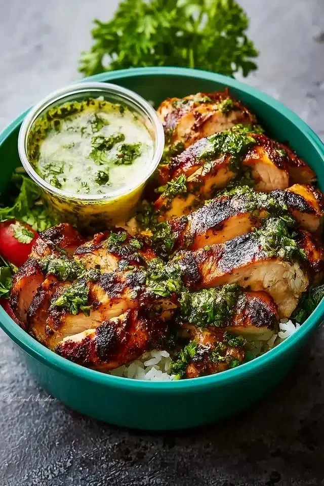 Chimichurri Chicken bowls with garlic sauce garnished with fresh herbs.