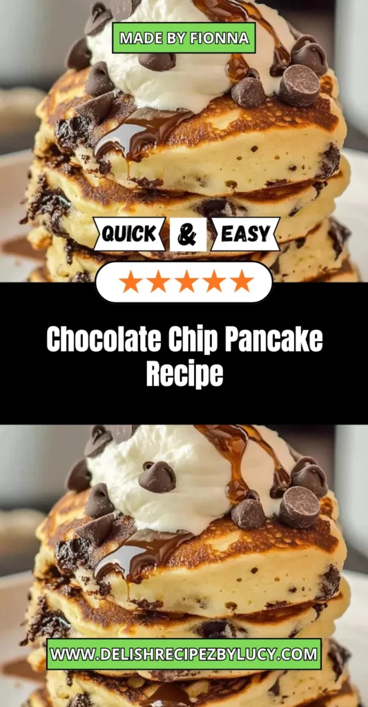 Delicious chocolate chip pancakes stacked on a plate with syrup drizzle