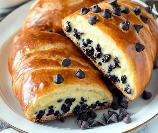 Chocolate chip brioche with vanilla custard on a rustic table
