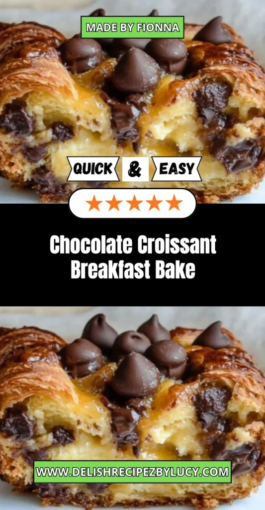 Chocolate croissant breakfast bake topped with melting chocolate and golden crust