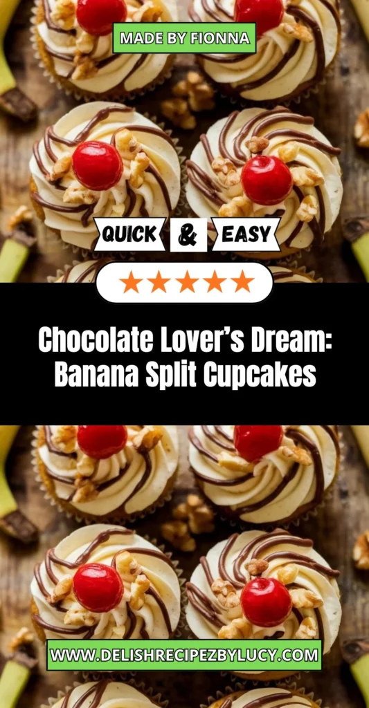 Delicious banana split cupcakes topped with chocolate, whipped cream, and cherries