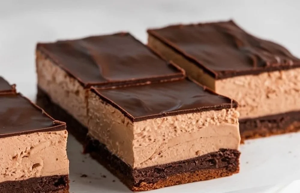 Delicious chocolate mousse brownies topped with creamy mousse.