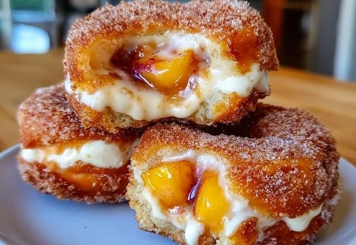 Delicious classic peach cobbler cheesecake donuts served on a plate.