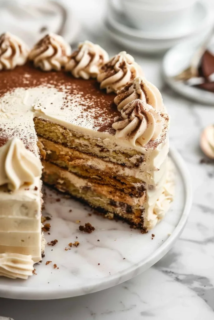 Classic Tiramisu Cake with layers of coffee-soaked sponge and mascarpone