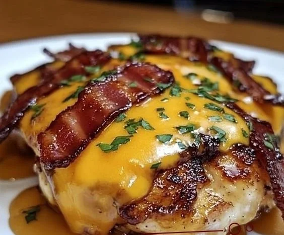 Cowboy BBQ Bacon Cheddar Chicken with melted cheese and crispy bacon