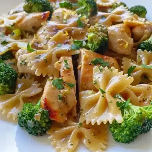 Cowboy Butter Lemon Bowtie Chicken served with fresh broccoli