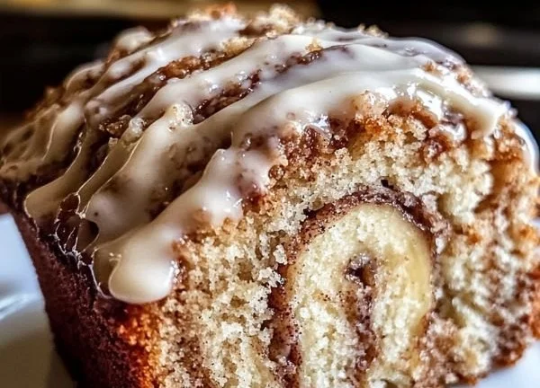 Cozy cinnamon roll banana bread fresh out of the oven with a drizzle of icing