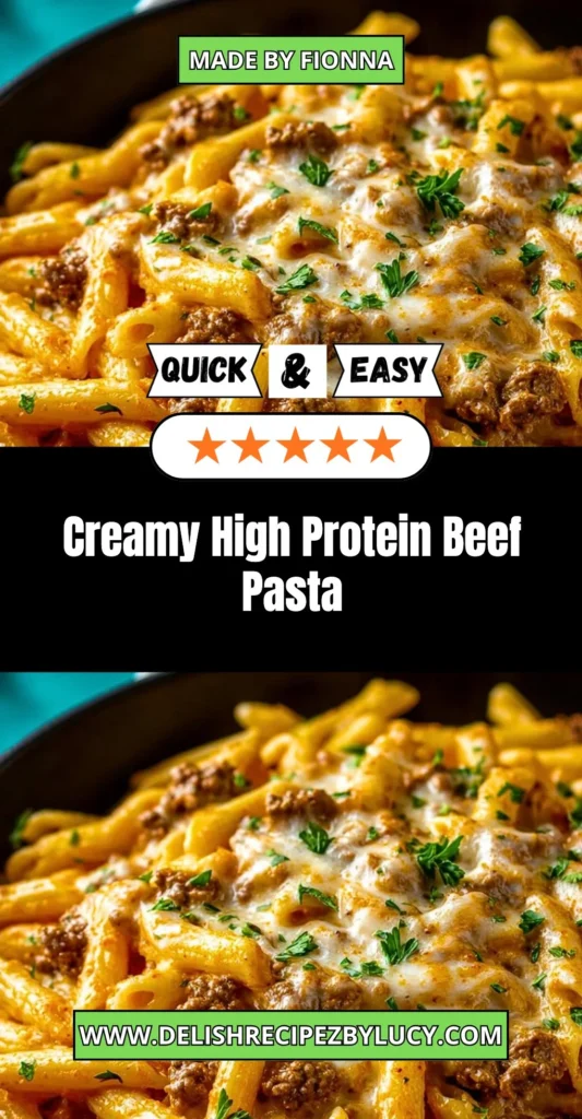 Creamy high protein beef pasta dish served in a bowl
