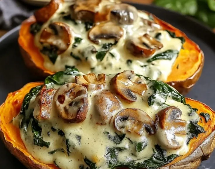 Creamy mushroom stuffed sweet potatoes served on a plate