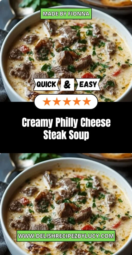 Bowl of creamy Philly cheese steak soup topped with herbs and cheese