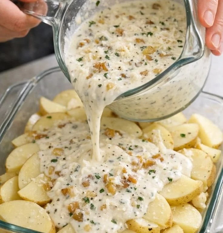 Creamy potato casserole topped with cheese and herbs in a baking dish