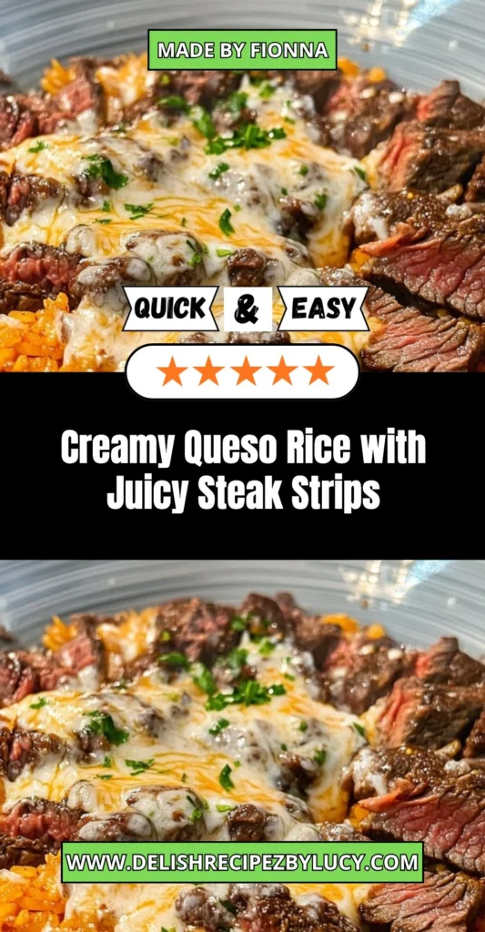 Creamy queso rice served with juicy steak strips on a plate