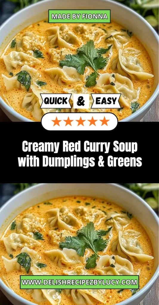 Bowl of creamy red curry soup with dumplings and fresh greens