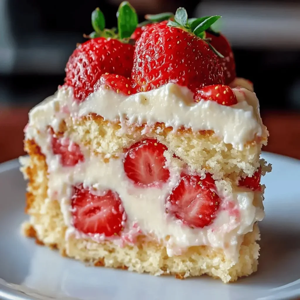 Delicious creamy strawberry custard cake topped with fresh strawberries