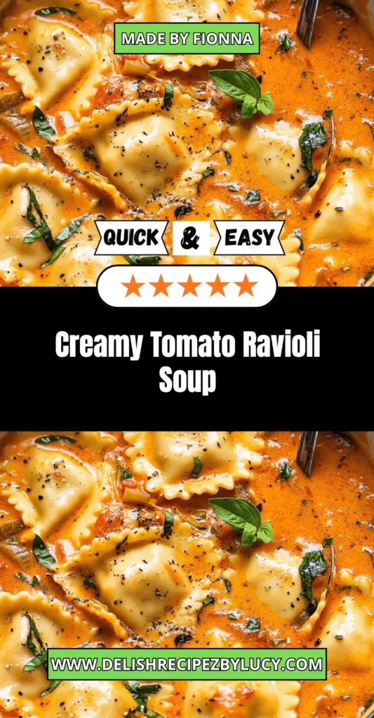 Bowl of creamy tomato ravioli soup garnished with fresh herbs