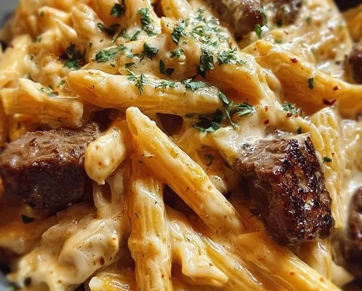 Creamy white cheddar Cajun steak penne dish with flavorful seasoning