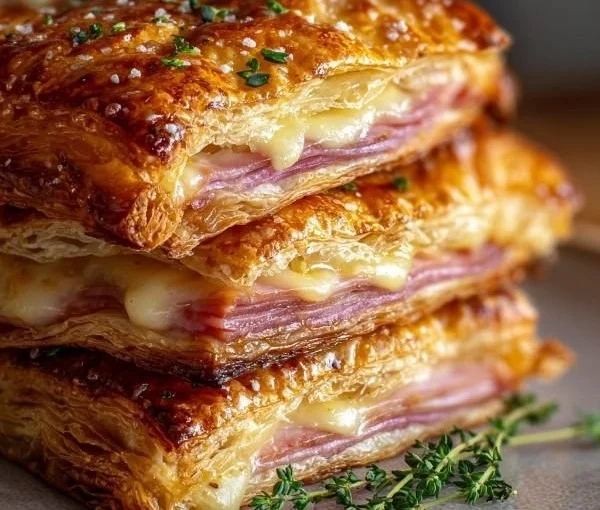 Crispy Ham & Cheese Puff Pastry Stacks on a white plate