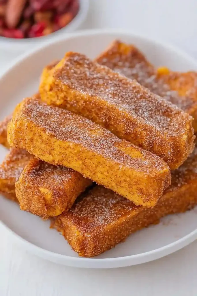 Crispy pumpkin French toast sticks served with syrup and whipped cream