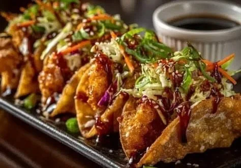 Crispy teriyaki chicken tacos served in wonton shells