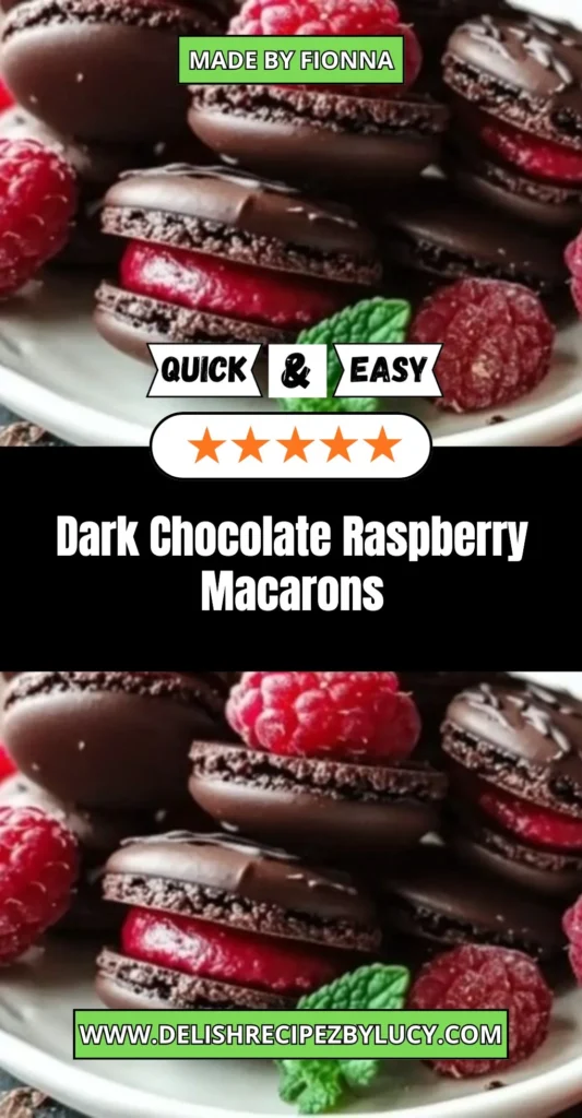 Dark chocolate raspberry macarons with a rich chocolate filling and raspberry layer.