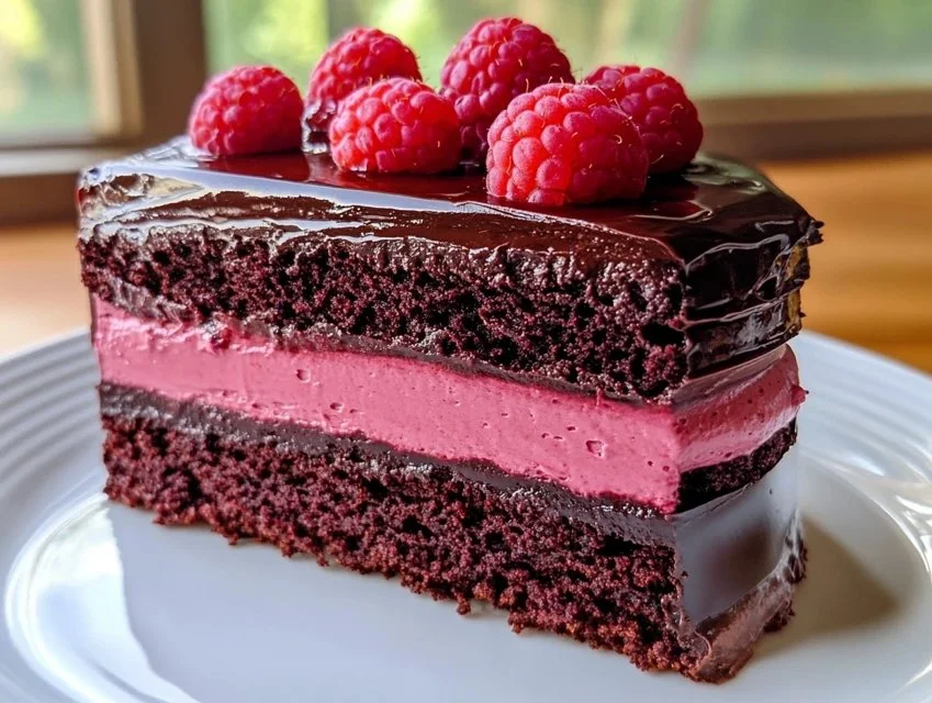 Delicious dark chocolate raspberry mousse cake topped with fresh raspberries.