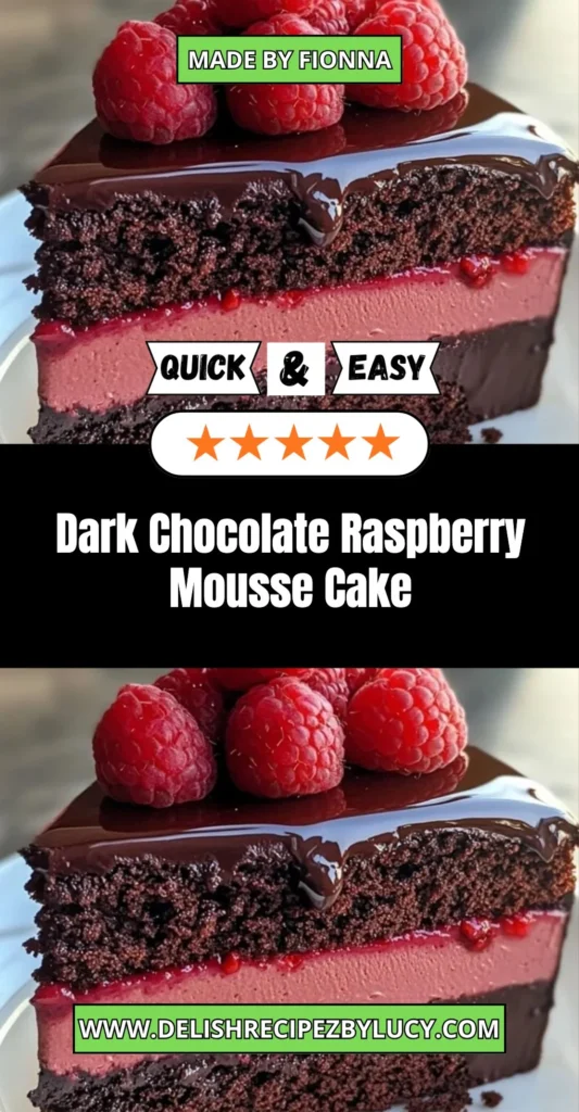 Decadent dark chocolate raspberry mousse cake topped with fresh raspberries.